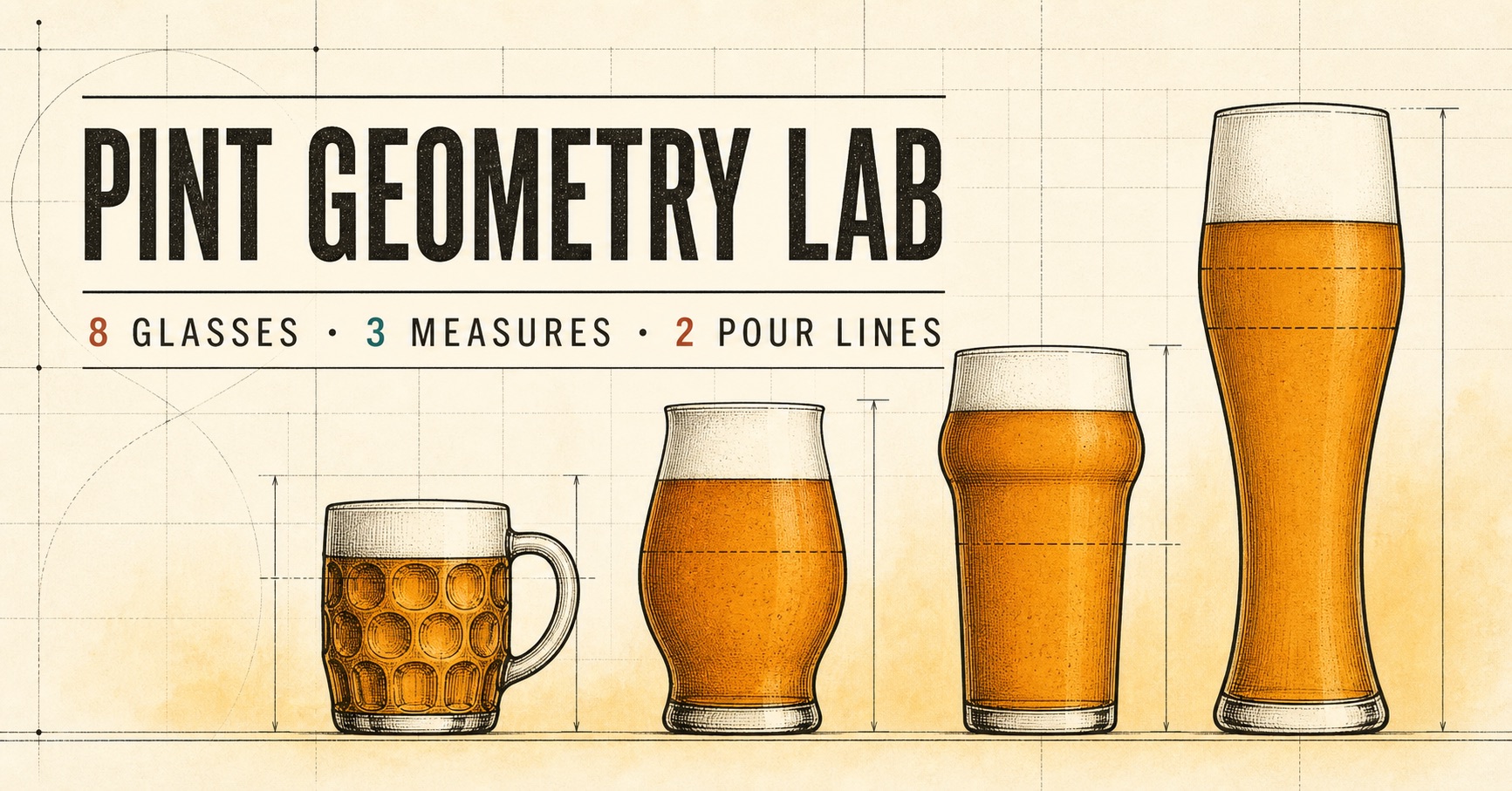 Pint Geometry Lab technical illustration showing four beer glasses at different physical heights
